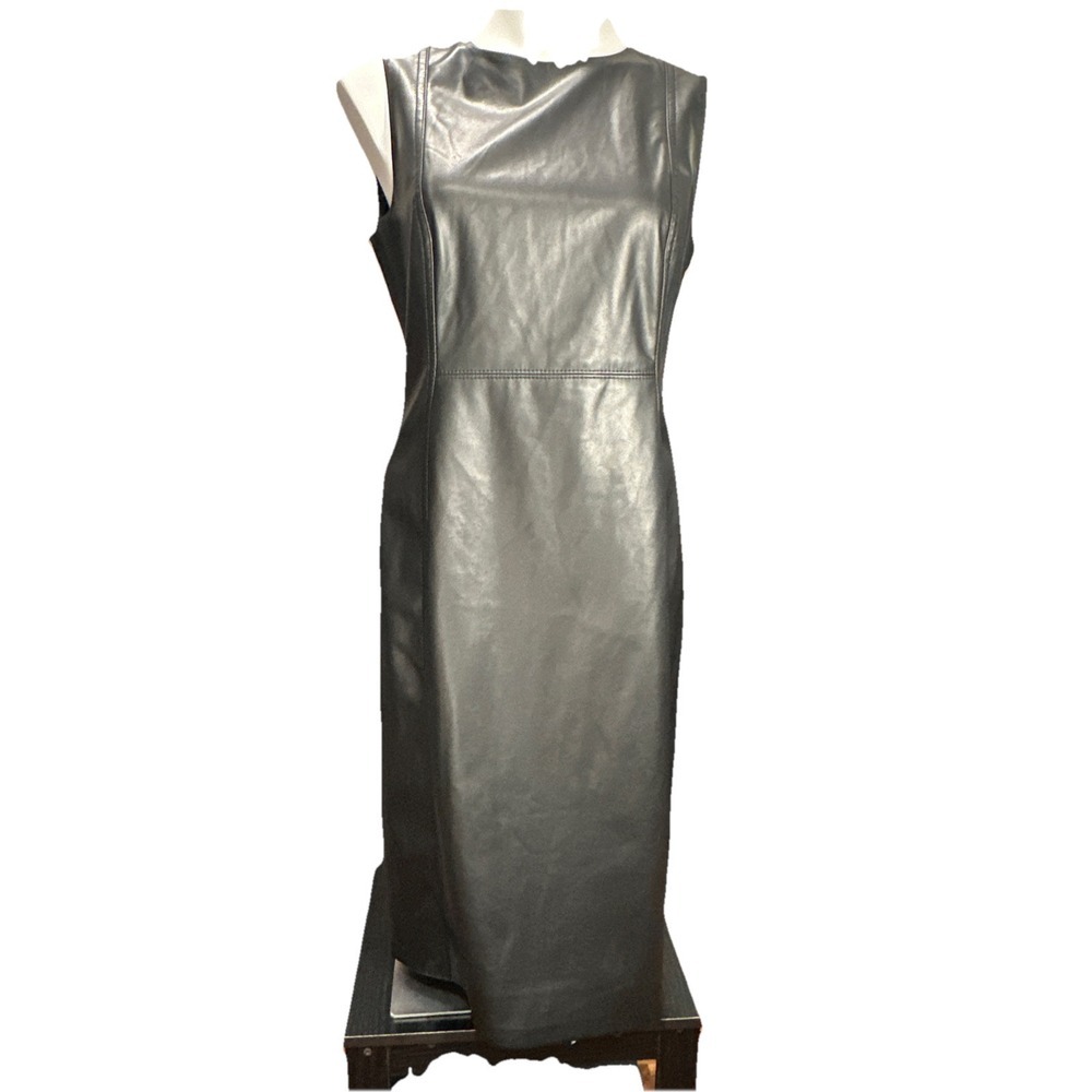 CALVIN KLEIN Size 10 Women's Black Faux Leather Sleeveless Dress NWT - Picture 4 of 10